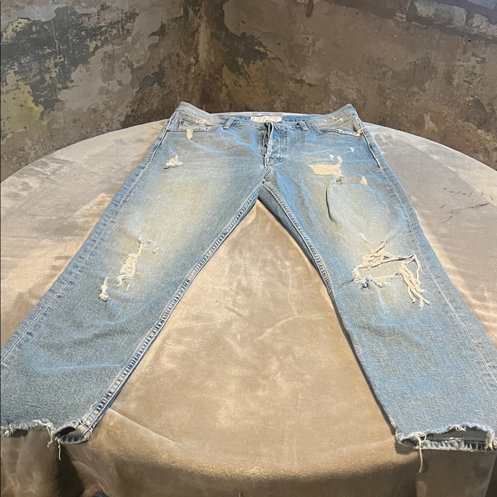 MOTHER Light Blue Distressed Straight Leg Jeans